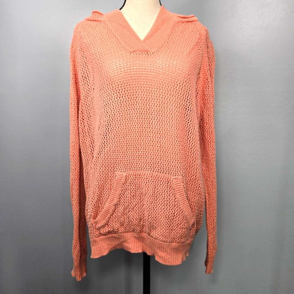 SHIRT 469 Crochet Pink Linen/Cotton Hooded Kangaroo‎ Pocket Pullover Sweater XL